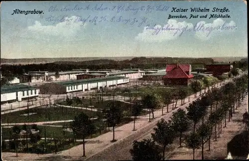 Ak Altengrabow Möckern, Truppenübungsplatz, Kaiser Wilhelm Straße, Baracken, Post und Milchhalle