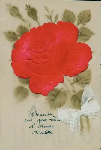 Zelluloid Ak Schleife und Rose aus Stoff, Rote Blume