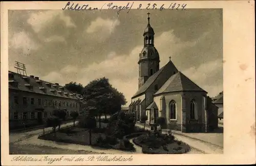 Ak Schlettau im Erzgebirge Sachsen, St. Ullrichskirche, Platz