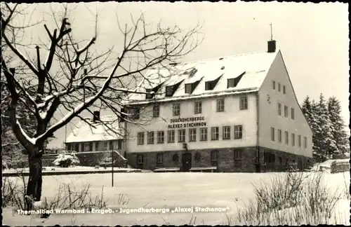 Ak Warmbad Wolkenstein in Sachsen, Jugendherberge Alexej Stachanow, Winter, Schnee