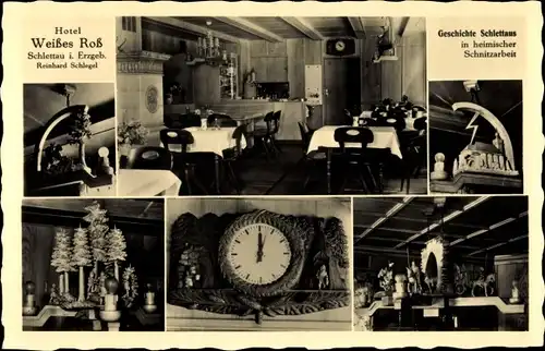 Ak Schlettau im Erzgebirge, Hotel Weißes Ross, Inh. Reinhard Schlegel, Holzschnitzarbeiten, Uhr