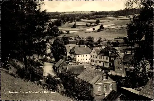 Ak Döschnitz an der Schwarza in Thüringen, Blick auf Ortschaft und Umgebung, Bäckerei Willi Hein