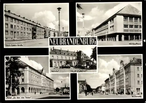Ak Neubrandenburg, Hotel zu den vier Toren, Clara-Zetkin-Straße, Bahnhof, HO Kaufhaus, Reutercafe