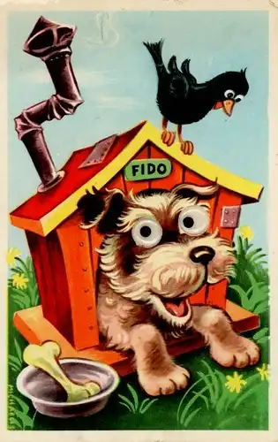 Wackelaugen Ak Hund Fido, Hundehütte, Rabe, Knochen