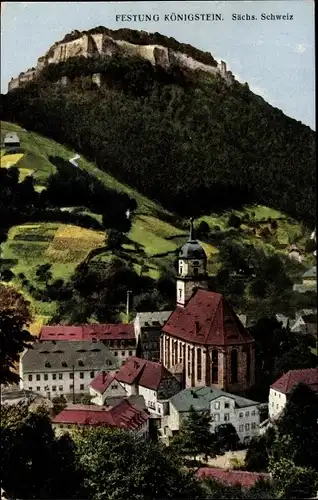 Ak Königstein an der Elbe Sächsische Schweiz, Teilansicht mit Festung, Kirche