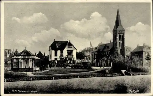 Ak Delfzijl Groningen, R. K. Kerk en Voliere