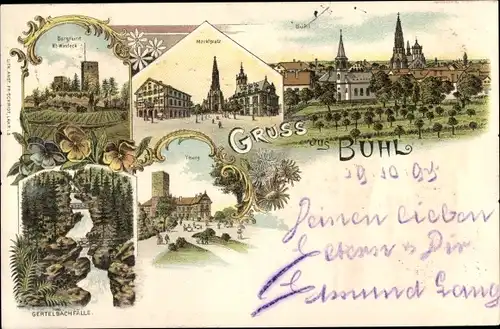 Litho Bühl in Baden Schwarzwald, Burg Alt Windeck, Marktplatz, Gertelbachfälle