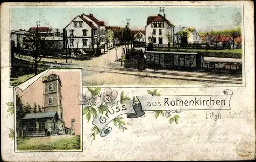 Ak Rothenkirchen Steinberg im Vogtland, Teilansicht, Bahnhof, Turm