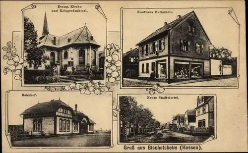 Ak Bischofsheim in Hessen, Kirche, Kriegerdenkmal, Kaufhaus Burtschell, Bahnhof, Neues Stadtviertel