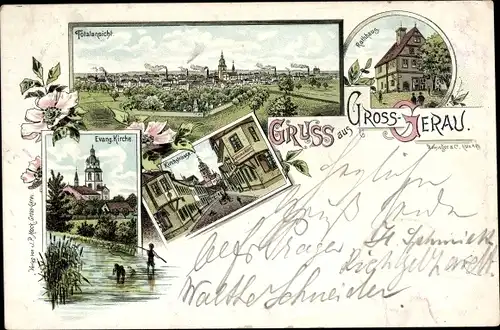 Litho Groß Gerau in Hessen, Ev. Kirche, Kirchstraße, Rathaus, Gesamtansicht