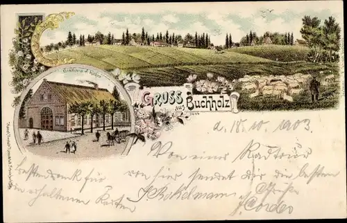 Litho Buchholz in der Nordheide, Panorama, Schäfer mit Schafherde, Gasthaus