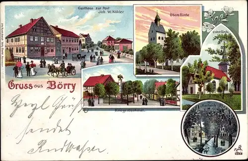 Litho Börry Emmerthal Niedersachsen, Gasthaus zur Post, Obere u. Untere Kirche, Kriegerdenkmal