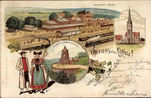 Litho Löhne in Nordrhein Westfalen, Blick auf den Bahnhof, Kaiser Wilhelm Denkmal, Paar in Trachten