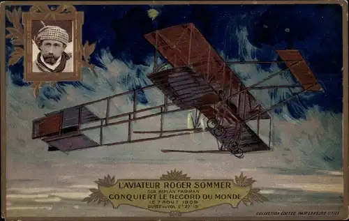 Präge Ak Aviateur Roger Sommer sur Biplan Farman, Conquiert le Record du Monde 1909