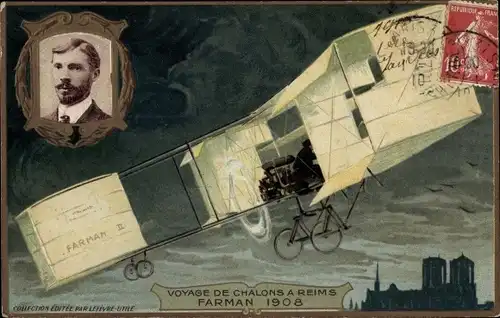 Präge Ak Voyage de Chalons a Reims, Farman 1908, Aviation