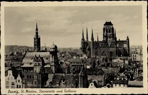 Ak Gdańsk Danzig, St. Marienkirche, Rathaus, Sternwarte