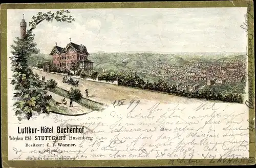 Litho Hasenberg Stuttgart in Württemberg, Hotel Buchenhof, Stadtpanorama