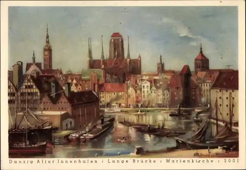 Künstler Ak Paetsch, Bruno, Gdańsk Danzig, Alter Innenhafen, Lange Brücke, Marienkirche