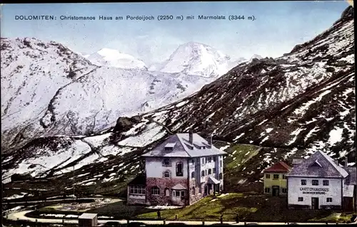 Ak Südtirol, Dolomiten, Christomanos Haus am Pordoijoch mit Marmolata