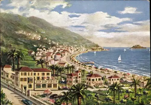 Künstler Ak Alassio Liguria, Hotel Pensione Walburga, Conduttore M. Caruso, Riviera dei Fiori