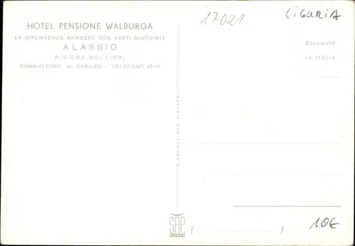 Künstler Ak Alassio Liguria, Hotel Pensione Walburga, Conduttore M. Caruso, Riviera dei Fiori