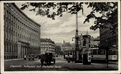 Ak Chemnitz in Sachsen, Falkeplatz, Deutsche Bank, Litfaßsäule, Straßenbahn
