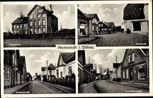 Ak Hennstedt in Dithmarschen, Kommerzstraße, Mühlenstraße, Poststraße, Volksschule