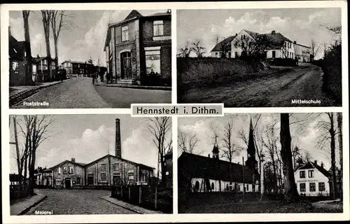 Ak Hennstedt in Dithmarschen, Mittelschule, Poststraße, Meierei