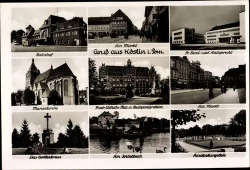 Ak Koszalin Köslin Pommern, Bahnhof, Markt, Amtsgericht, Marienkirche, Gollenkreuz