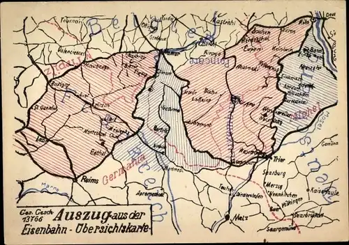 Vexir Landkarten Ak Auszug aus der Eisenbahn Übersichtskarte, Eisenbahnnetz Reims Namur Trier