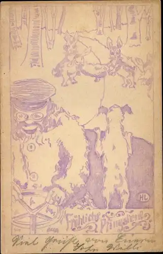 Ak Glückwunsch Pfingsten, Mann und Hund im Auto, Hasen