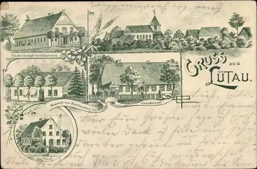 Litho Lütau in Lauenburg, Gastwirtschaft, Geschäft von Burmester, Standesamt, Post, Kirche