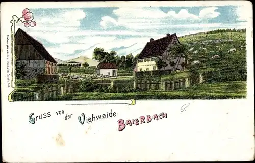 Litho Bayerbach am Simsee Baierbach Stephanskirchen Oberbayern ?, Gruß von der Viehweide