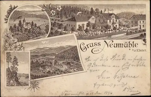 Vorläufer Litho Neumühle an der Elster Greiz in Thüringen, Ortsansichten, Bahnhof, 1894