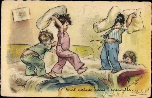 Künstler Ak Bouret, Germaine, Kinder bei einer Kissenschlacht, Betten
