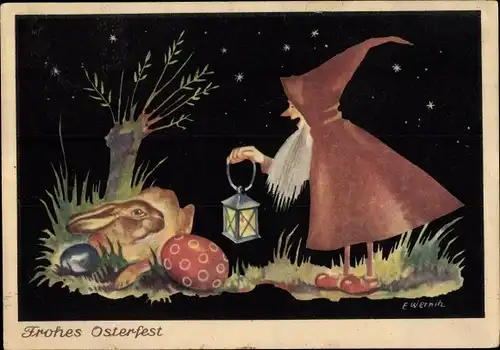 Künstler Ak Wernih, E., Glückwunsch Ostern, Zwerg, Osterhase, Ostereier, Handlaterne