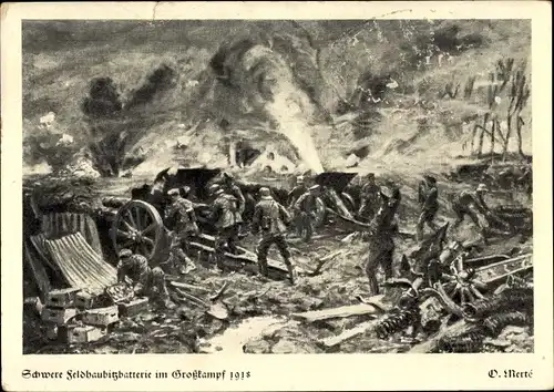 Künstler Ak Merte, O., Schwere Feldhaubitzbatterie im Großkampf 1918