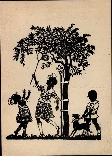 Scherenschnitt Ak Kinder jagen Schmetterlinge, Baum, Hund