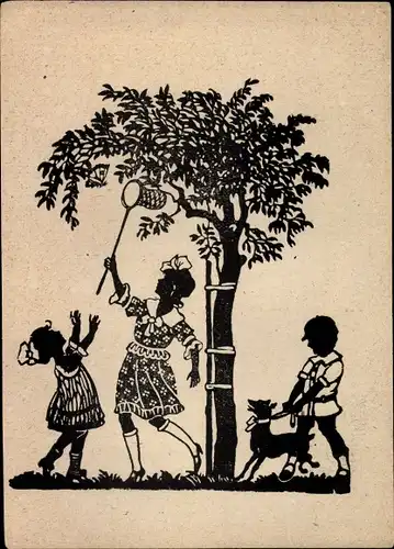 Scherenschnitt Ak Kinder jagen Schmetterlinge, Baum, Hund
