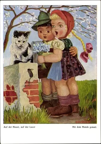 Künstler Ak Arnulf, Auf der Mauer, auf der Lauer, Kinder, Katze, Maus