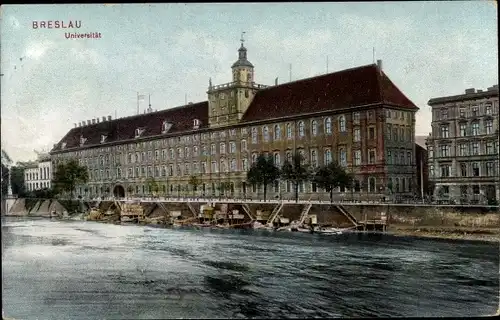 Ak Wrocław Breslau Schlesien, Universität, Wasserseite