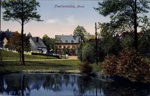 Ak Mosel Zwickau in Sachsen, Blick zur Forellenmühle, Teich