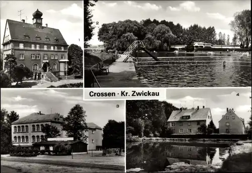 Ak Crossen Zwickau in Sachsen, Rathaus, Freibad, Oberschule, Am Teich