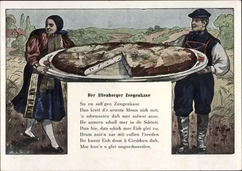 Künstler Ak Altenburg in Thüringen, Der Altenborger Zeegenkase, Paar in Trachten, Ziegenkäse, Vers