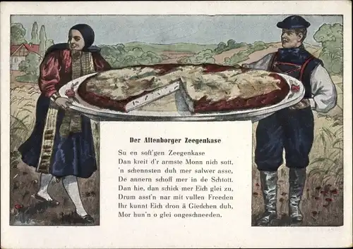 Künstler Ak Altenburg in Thüringen, Der Altenborger Zeegenkase, Paar in Trachten, Ziegenkäse, Vers