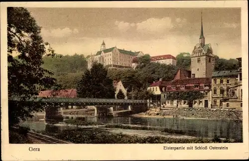 Ak Untermhaus Gera in Thüringen, Elsterpartie mit Schloss Osterstein, Brücke