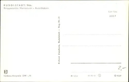 Ak Rudolstadt in Thüringen, Berggaststätte Marienturm, Aussichtsturm