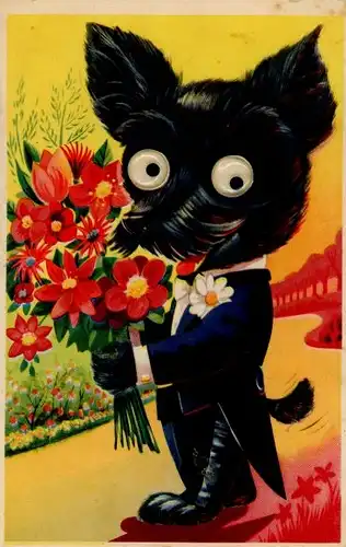 Wackelaugen Ak Schwarzer Hund mit Blumenstrauß