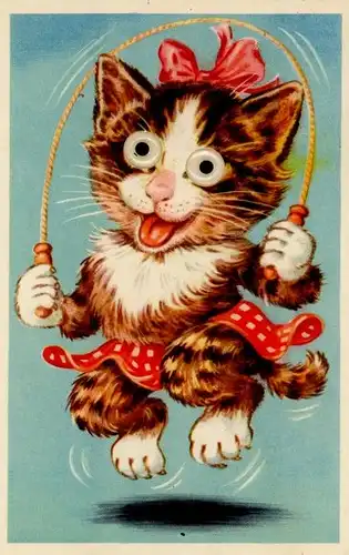 Wackelaugen Ak Katze springt Seil