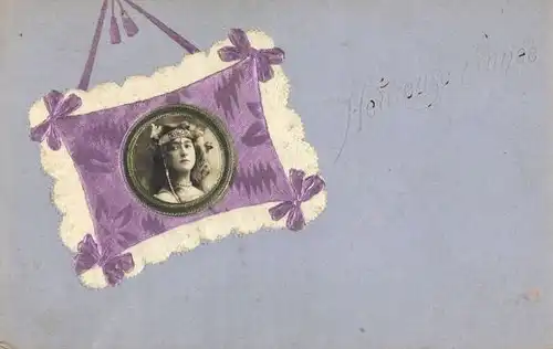 Präge Stoff Ak Glückwunsch Neujahr, Portrait einer Frau, Schmuck